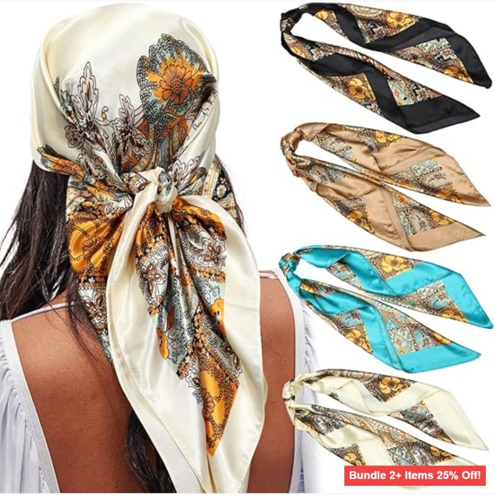 Large 35" Square Satin Scarves Set of 4, Silk-Like Hair & Neck Wraps